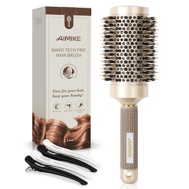 AIMIKE Round Hair Brush Nano Thermal Ceramic  Ionic Tech 21 Inch Barrel with Boar Bristles for Enhanced Texture Golden Hair Drying Styling Curling and Shine  4 Free Clips