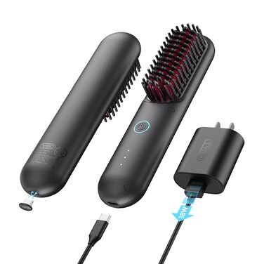 TYMOPorta Cordless Hair Straightener Brush Portable Mini Straightening Brush for Travel Negative Ion Hot Comb Hair Straightener for Women Lightweight to Carry Out USB Rechargeable AntiScald