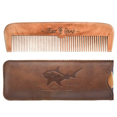 Wooden Hair Combs for MenMens Wood Beard Comb with Leather Travel CaseMens Combs for HairKids Combbrown shark