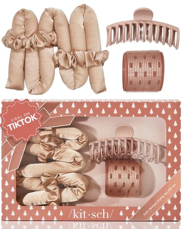 KitschSatin Heatless Hair Styling Gift Set  5pc Set of Satin Heatless Curling Set Ceramic Thermal Hair Roller  Claw Clip Hair Gift Set Hair Styling Accessories Heatless Curler Set  Champagne