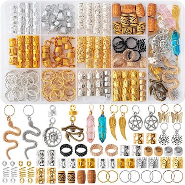 200pcs Hair Beads Jewelry Dreadlocks Gem Crystal Charms Metal Coils Rings Gold And Silver PendantsBraid CuffsClipsLoc Tube Bead Braid Accessories for Braids Decoration
