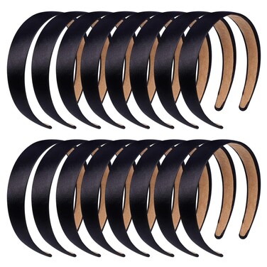 anezus 16 Pcs Satin Headbands Bulk 1 Inch Antislip Black Ribbon Hair Bands Plain Hard Headbands for Women Girls DIY Craft Hair Accessories Black