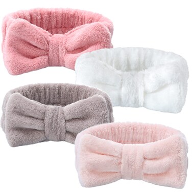 VITEVER 4 Pack Spa Headband for Washing Face Girls Makeup Bow Tie Hair Band Microfiber Women Headbands Elastic Headband to Skincare Gifts for Teen Girls White Brown Rose Pink Light Pink