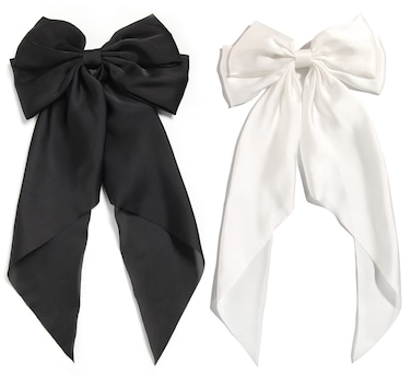 SUSULU Hair Bows for Women Oversized Black White Hair Bow Clips Big Hair Bow Long Tail Large Satin Silky Hair Ribbon Bow Clip Ponytail Hair Accessories for Adult TeensPack of 2