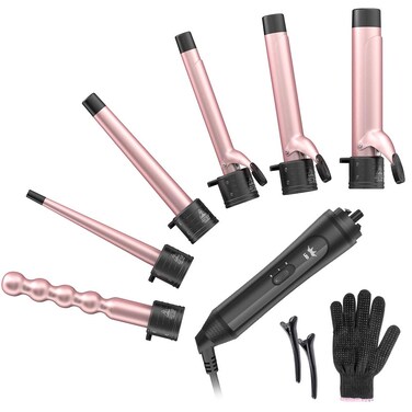 6in1 Curling Iron Professional Instant Heat Up Hair Curling Wand Set with 6 Interchangeable Ceramic Barrels 035 to 125 and 2 Temperature Adjustments Heat Protective Glove  2 Clips