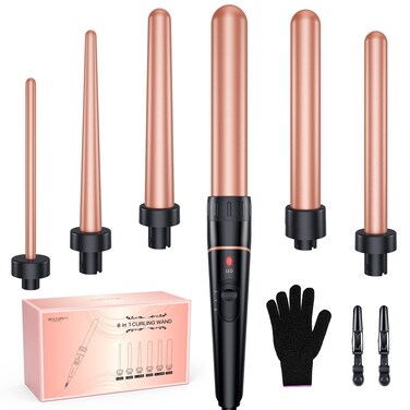 Long Barrel Curling Iron Wand Set BESTOPE PRO 6 in 1 Curling Wand Set with Ceramic Barrel for LongMedium Hair 035125 Interchangeable Hair Wand Curler Dual Voltage Include Glove  Clips