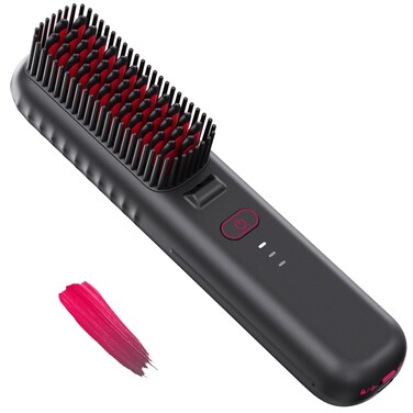 Cordless Hair Straightener Brush Portable Mini Straightening Brush for Travel Negative Ion Hot Comb Hair Straightener for Women Rose Red