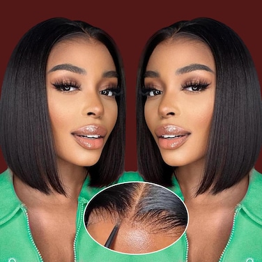 GUDOZO Bob Wig Human Hair Glueless Wigs Human Hair Pre Plucked Pre Cut 4x4 HD Lace Front Glueless Wigs Human Hair 180 Density Short Straight Bob Wigs for Black Women 12 inch
