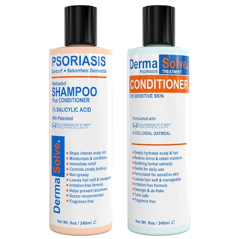 DermaSolve Scalp Psoriasis  Dandruff free Medicated Shampoo with Conditioner Ultimate Seborrheic Dermatitis Treatment for Itchy Flakey Scalp Soothing  Moisturizing Relief