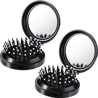 Boao 2 Pack Foldable Travel Mirror Hair Brushes Round Portable Folding Pocket Hair Brush Mini Hair Comb Compact Travel Size Hair Massage Comb for Men WomenBlack