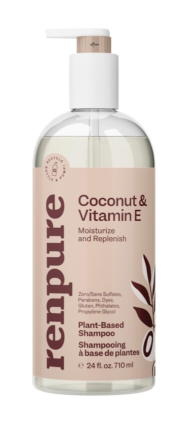Renpure Plant Based Coconut and Vitamin E Moisturize and Replenish Shampoo  Ideal for Lifeless Hair  Leaves Hair Silky and Smooth  Rids Hair of Grime  Recyclable Pump Bottle Design  24 fl oz