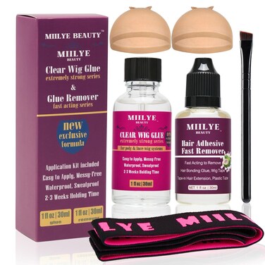 Clear Wig Bond Glue 1oz30ml with Wig Band Wig Caps Swimming Allowed Waterproof Wig Glue for Front Lace Wig Extremely Strong Hold Lace Glue for Wigs Wig Install Kits 1oz Wig Glue1oz Remover