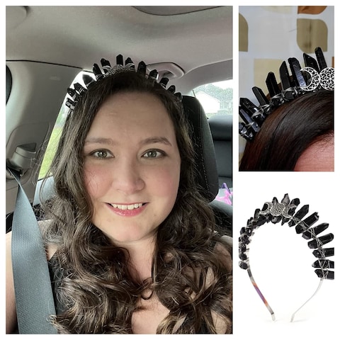 Bubbmi Black Raw Crystal Tiara Crown Headband Natural Quartz Moon Goddess Witch Headpiece for Wiccan Cosplay Party Headwear