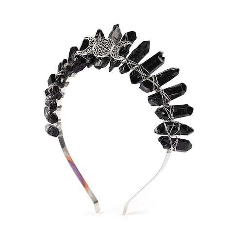 Bubbmi Black Raw Crystal Tiara Crown Headband Natural Quartz Moon Goddess Witch Headpiece for Wiccan Cosplay Party Headwear