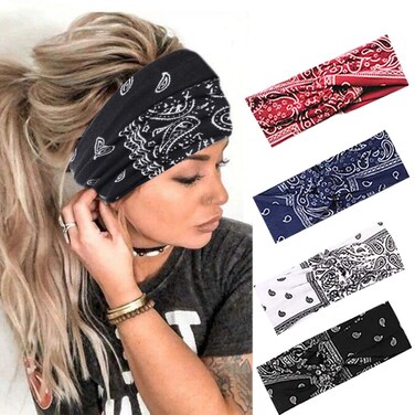 UrieoBoho Bandanas for Women Stretch Paisley Print Bandana Headband Knotted Hair Bandana Wide Hair Band Yoga Daily HeadbandsPack of 4 A