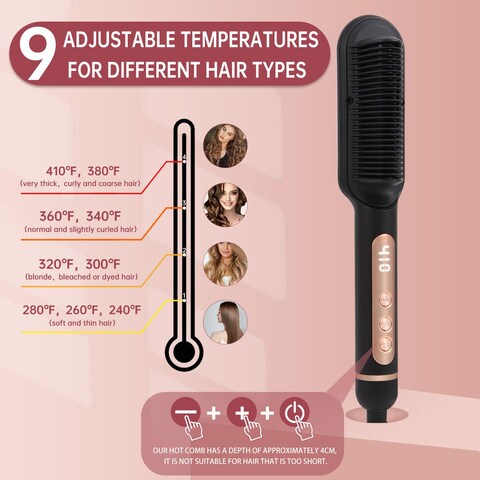 Negative Ionic Hair Straightener Brush with 9 Temp Settings 30s Fast Heating Hair Straightening Comb with LED Display AntiScald  AutoShut Off Hair Brush Straightener for Women Black