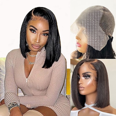 Hair 12 Inch 13X6 Bob Wig Human Hair Frontal Lace Wig Glueless Wig 150 Density Straight Short Bob Wigs for Black Women Deep Side Part Bob Wig Transparent Wigs 13x6 Bob Wig