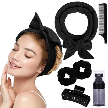 Heatless Curlers to Sleep in Heatless Curling Rod Headband For Long Hair Overnight No Heat Curls For Women velvet Hair Rollers Bottle Hair Clips Scrunchie Rattail Comb 6 Pieces Set Black
