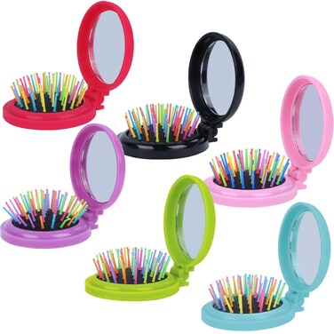 Happy Trees 6 PCS Round Travel Hair Brush with Mirror Folding Pocket Hair Brush Mini Hair Comb with Makeup Mirror for Travel Set of 6 Dark Colours