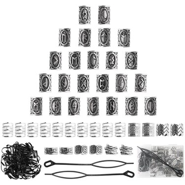 Viking Hair Beads Set 76PCS Metal Silver Clips Cuffs Coils and Rings for Mens Dreadlocks Braids Beard Decoration