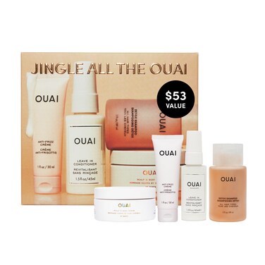 OUAIJingle All The OUAI Travel Size Gift Set  Travel Size Hair  Body Care Set  Includes Detox Shampoo Deluxe Anti Frizz Cream Leave In Conditioner Scalp  Body Scrub 4 Count