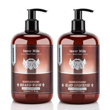 ISNER MILE Beard Wash  Conditioner Set for Men  17 oz Shampoo with Biotin Argan  Jojoba Oils for Smooth Soft and Strengthened Beard  Sandalwood Scented Grooming Gift