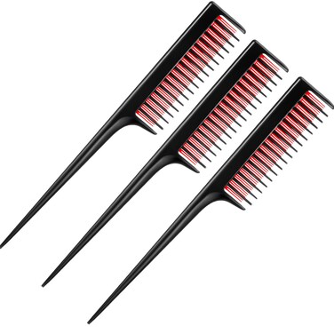 3 Piece Triple Teasing Comb Rat Tail Combs for Women Tool Structure Tease Layers Rattail Comb Rat Tail Comb for Back Combing Root Teasing Adding Volume Evening Styling Black and Red