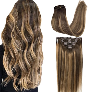 GOO GOO Clip in Hair Extensions Real Human Hair Remy Human Hair Extensions Clip ins for Women Natural Human Hair 16inch 120g 7Pcs 4274 Balayage Chocolate Brown to Caramel Blonde