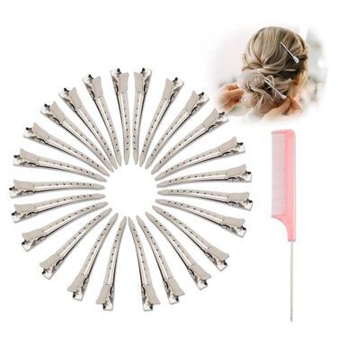 Hair Clips for RollersPin Curl ClipMetal Duck Billed Hair Clips for Women Styling24pcs35Inch Silver larger Aligator Curl Loc Clips SalonBows DIY1pcs Rat Tail CombsDgeclr