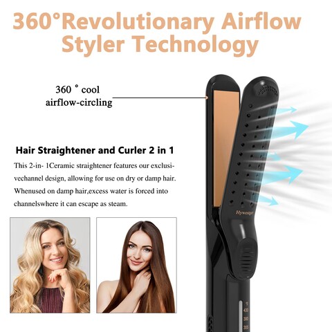 Flat Iron Hair Straightener and Curler 2 in1  360 Airflow Styler Curling Iron with 80 Ionic Cooling Air Vents 5 Adjustable Temperature Settings 15s Fast Heating  Dual Voltage