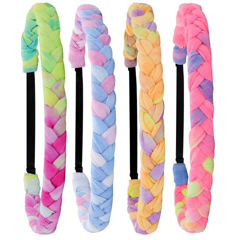 FROG SAC 4 Adjustable Braided Headbands for Girls Rainbow Tie Dye Braid Hair Bands for Kids Cute Girl Stretch Elastic Fashion Accessories for Children Easter Basket Stocking Stuffers