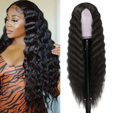 30 Inch Synthetic Curly Wigs for Women Long Black Hair Wig Lace Front 4 Simulated Scalp Natural Loose Deep Wave Crimps Curls Wig As Hair Replacement Wigs 1B