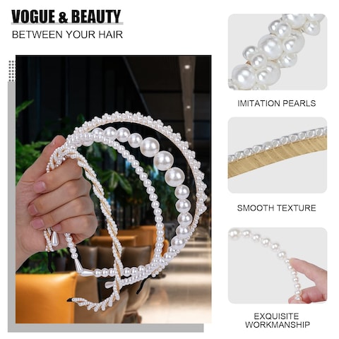 BEAYFILY4 Pack Pearls Fashion HeadbandsWhite Artificial Pearl Rhinestones HairbandsBridal Hair Hoop Party Wedding Hair Accessories for Women Girls