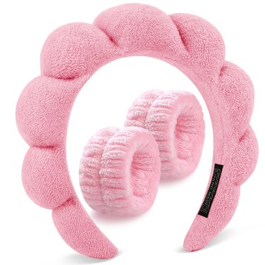 DOMMAREHeadband For Washing Face Bubble Skincare Spa Headbands For Women Wristband Set Makeup Hairband Teen Girl Gifts Terry Cloth Puffy Get Ready Hair AccessoryPink