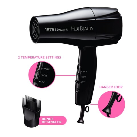 1875 Ceramic Hair Dryer Powerful Fast Drying MultiSetting with Comb Attachment Additional Detangler Included Slide Bar Switch Compact for Home  Travel Black