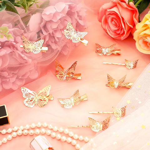 24 Pieces Halloween Butterfly Hair Clips Metal Butterfly Hair Clamps Metallic Hollow Butterfly Hairpins Clips Hair Accessories for Women Girls Weddings Bride 2 Styles and 2 Sizes Gold