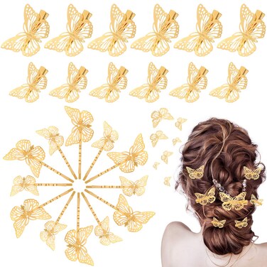 24 Pieces Halloween Butterfly Hair Clips Metal Butterfly Hair Clamps Metallic Hollow Butterfly Hairpins Clips Hair Accessories for Women Girls Weddings Bride 2 Styles and 2 Sizes Gold