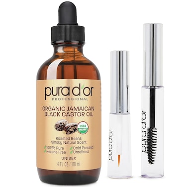 PURA DOR 4 Oz ORGANIC Jamaican Black Castor Oil  Natural Smoky Scent  w 2 BONUS Empty Brushes  100 Pure USDA Certified Cold Pressed  Roasted Hexane Free Eyelash  Eyebrow Serum