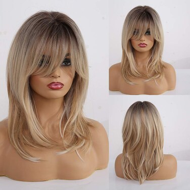 AlanhairOmbre Blonde Wigs for WomenHAIRCUBE ShoulderLength wig with Bangs Dark Roots to Blonde Synthetic Hair Layered Wigs Heat Resistant Fibre for Daily Party Use