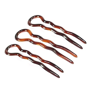 Parcelona French Sleek Brown Tortoise Shell Large 3 12 Celluloid Made in France Set of 3 Wavy Crink U Shaped Chignon Hair Pins Updo Bun Pin Sticks for Women and Girls