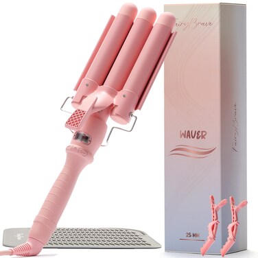 3 Barrel Curling Iron Wand  Triple Hair Waver  Crimper for Beach Waves Set Ceramic Tourmaline with Adjustable Temperature  Beach Waver Pink