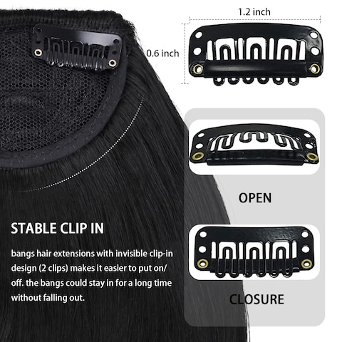 Black Bangs Hair Clip in Bangs Black Synthetic Flat Bang with Temples Front Face Black Bangs for Women Natural Black