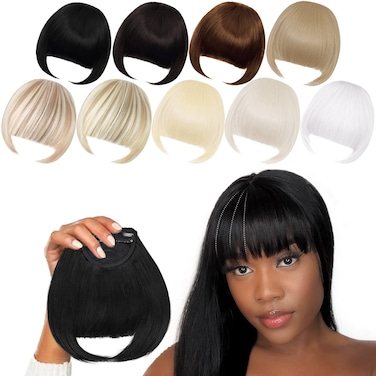 Black Bangs Hair Clip in Bangs Black Synthetic Flat Bang with Temples Front Face Black Bangs for Women Natural Black