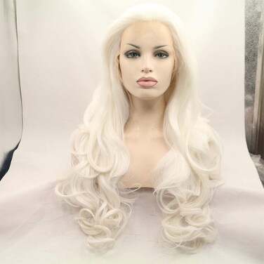 xiweiya60 Platinum Blonde Wavy Lace Front Wig Long Natural Wave White Blonde Synthetic Lace Front Wig Silver Blonde Wig Heat Resistant Fiber Wig for Woman 24inch
