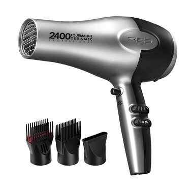 RED by Kiss Hair Dryer 2400 Tourmaline Ceramic Technology Professional Blow Dryer Maximum Shine Fast Drying Adjustable Settings 3 Attachments Salon Quality