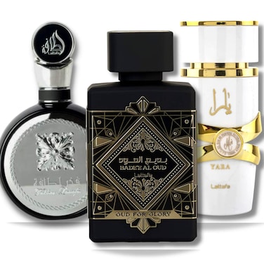 Lattafa Perfumes for Unisex 3 Piece Eau de Parfum Gift Set Badee Al Oud Oud For Glory  Fakhar for Men  Yara Moi 34 Ounce100 ml each