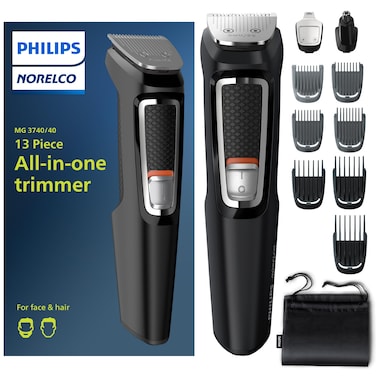 Philips Norelco Multi Groomer AllinOne Trimmer Series 300013 Piece Mens Grooming Kit for Beard Face Nose Ear Hair Trimmer and Hair Clipper  NO Blade Oil Needed MG374040