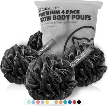 Shower Puff 4 Pack Black Bath Sponge Shower Loofahs Pouf Ball Nature Bamboo Charcoal Mesh Bulk Puffs Large Shower Essential Skin Care by WhaleLife