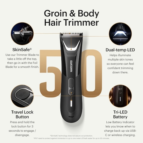 MANSCAPED The Lawn Mower 50 Ultra Groin  Body Hair Trimmer  DualHead SkinSafe Trimmer  Foil Blades Waterproof WetDry Groomer USBC Rechargeable with Travel Case Mens Ball Shaver Black