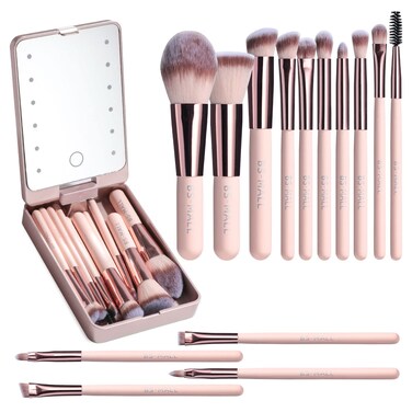 BSMALL Travel Makeup Brush Set Foundation Powder Concealers Eye Shadows Makeup Set with LED light Mirror 14 Pcs Mini Makeup Brushes APINK